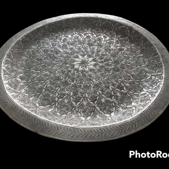 Antique Silver Toned Aluminum Moroccan Tea Tray Wall Hanging - Picture 2 of 5